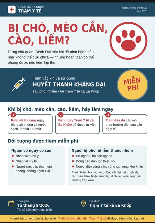 TRẠM Y TẾ XÃ EA KNỐP TIÊM VẮC XIN VÀ HUYẾT THANH KHÁNG DẠI MIỄN PHÍ SAU PHƠI NHIỄM